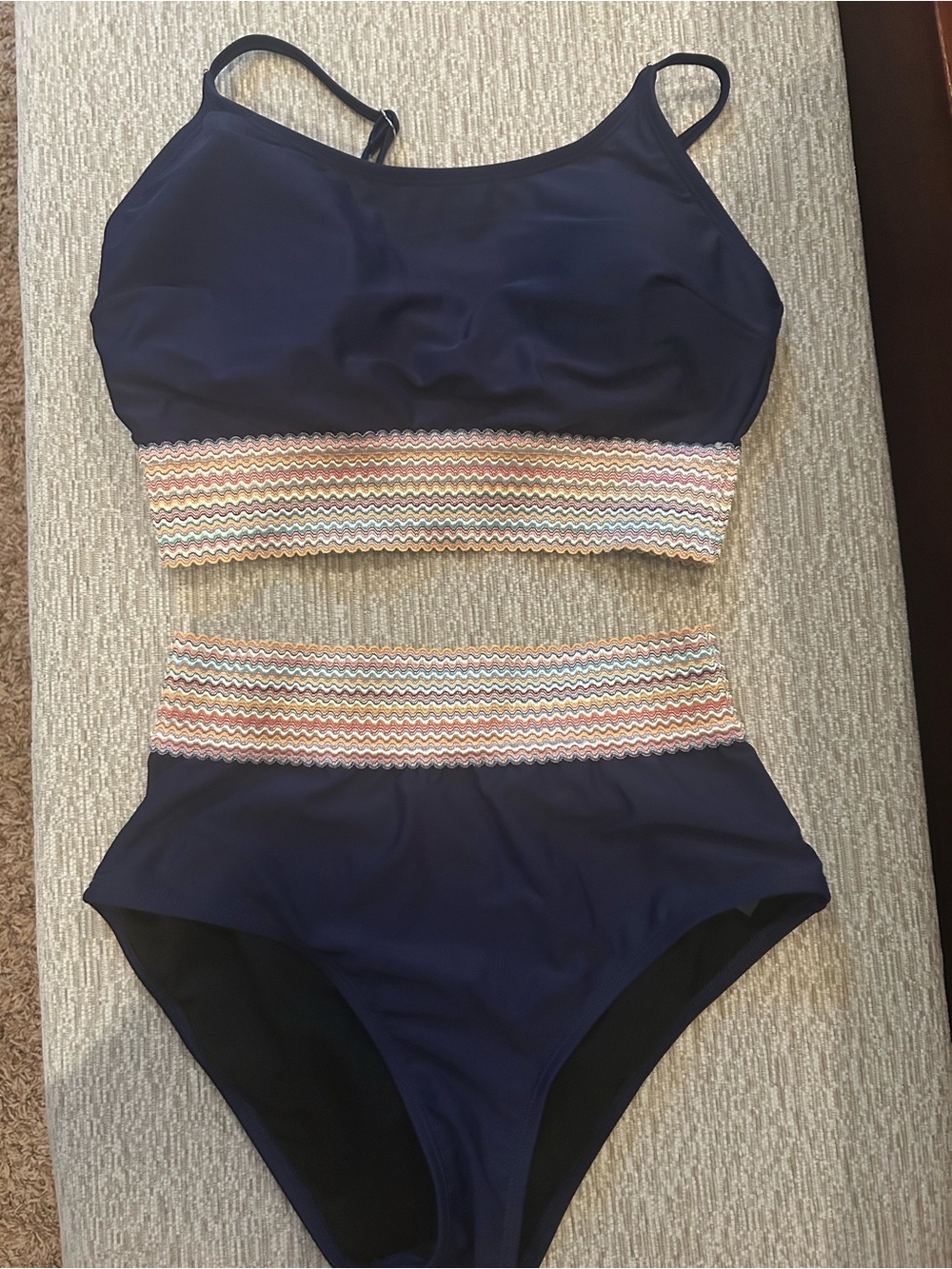 Navy Two-Piece Bikini Set with Multicolor Zigzag Band
